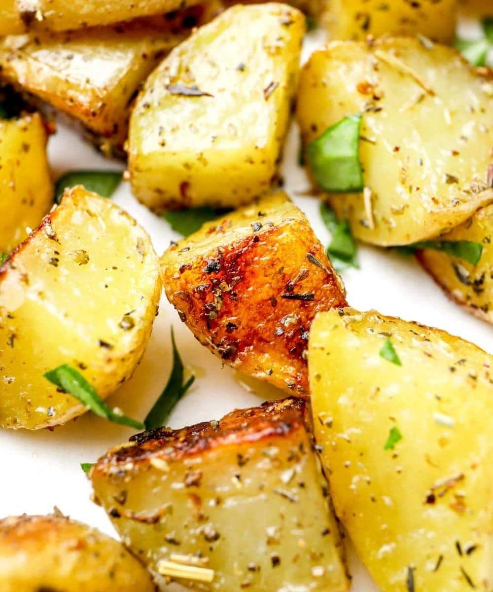 A closeup of Herbs de Provence Roasted Potatoes.