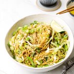 Sesame Cabbage Noodles with soy sauce and gluten free brown rice noodles.