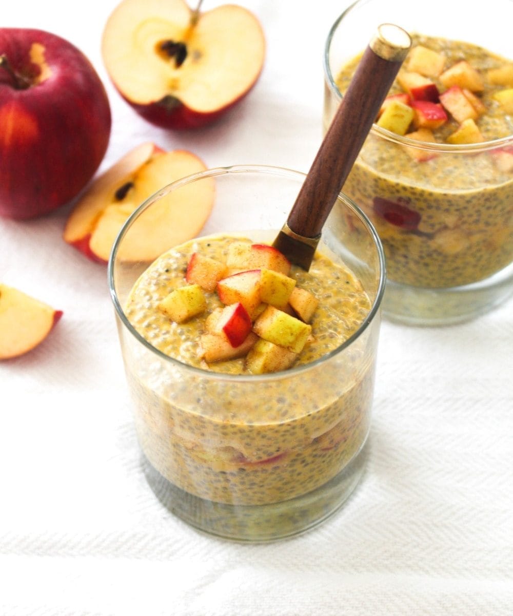 5 ingredient Pumpkin Chia Seed Pudding layered with 3 ingredient apple compote