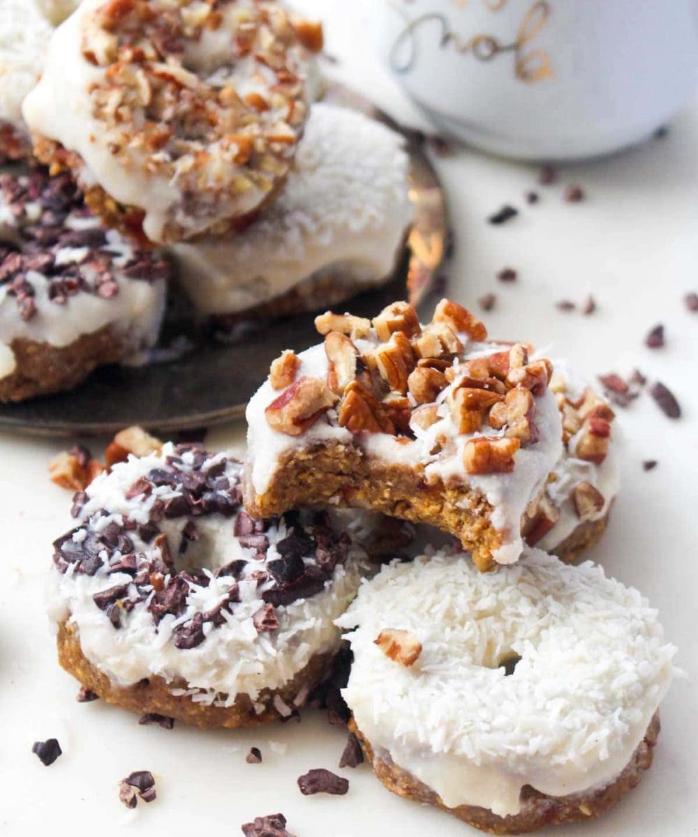 This Pumpkin Spice Latte Donuts recipe requires just 3 steps and are no-bake! They are secretly healthy, but no one would ever know! | CatchingSeeds.com