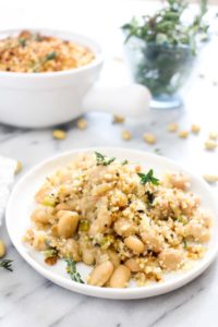 This quick 30 minute Easy Vegan Cassoulet recipe is bursting with French flavor. Beans are slow simmered in a flavorful sauce and then topped with golden brown breadcrumbs to make the perfect side to dinner. A few vegan hacks allow us to make this recipe feel traditional while omitting the meat. | CatchingSeeds.com