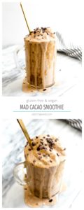 A collage of mad cacao smoothies with cacao nibs.