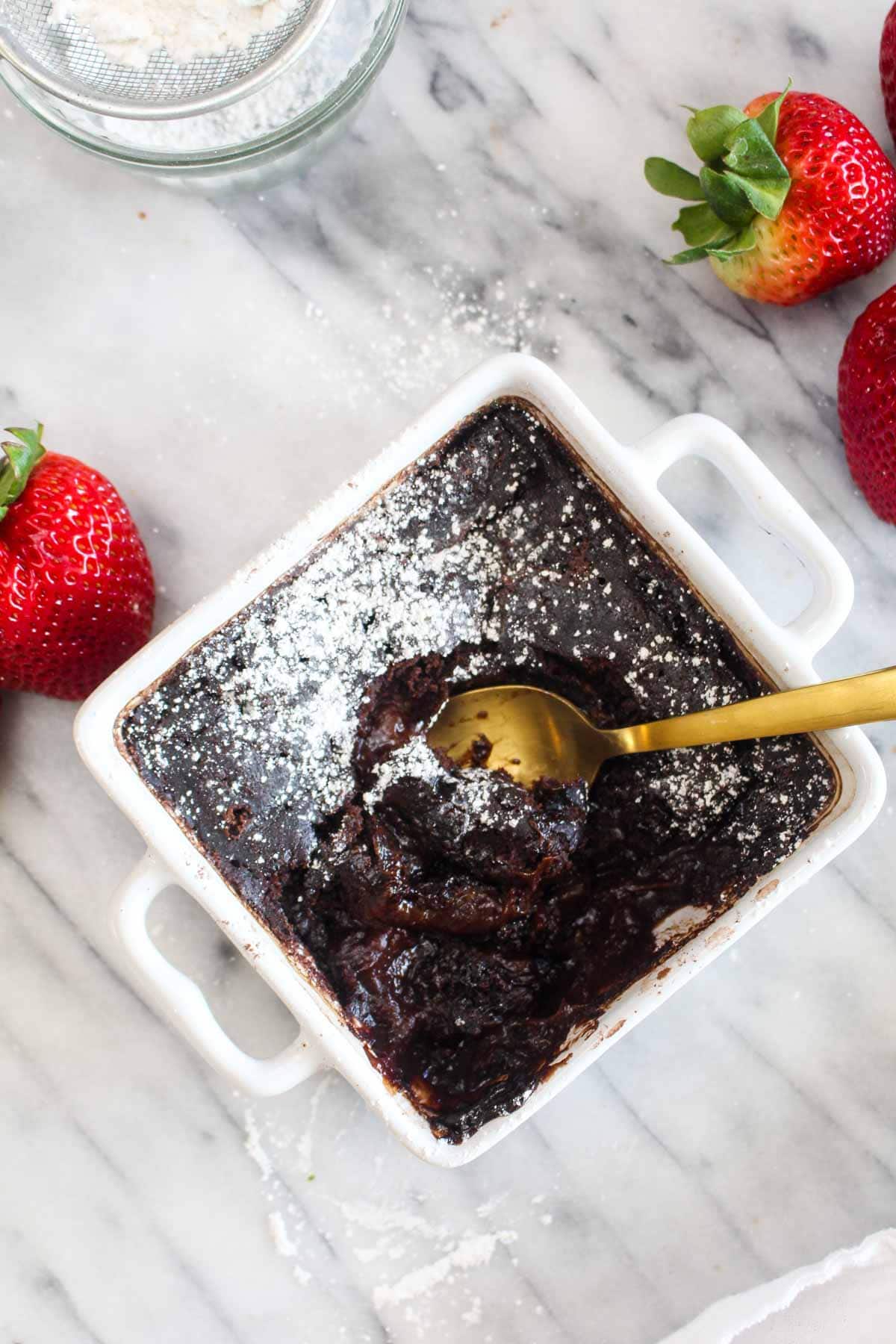 Sweet Potato Hot Fudge Cake is the ultimate chocolate lover's dessert! It makes it's own hot fudge sauce as it bakes. This healthier recipe is gluten free, vegan, and oil free. | CatchingSeeds.com