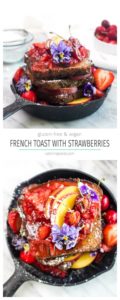 A collage image of french toast in a cast iron pan.