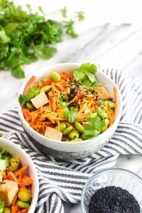 A bowl of noodles with veggies in a Thai red curry sauce with cilantro and sesame.