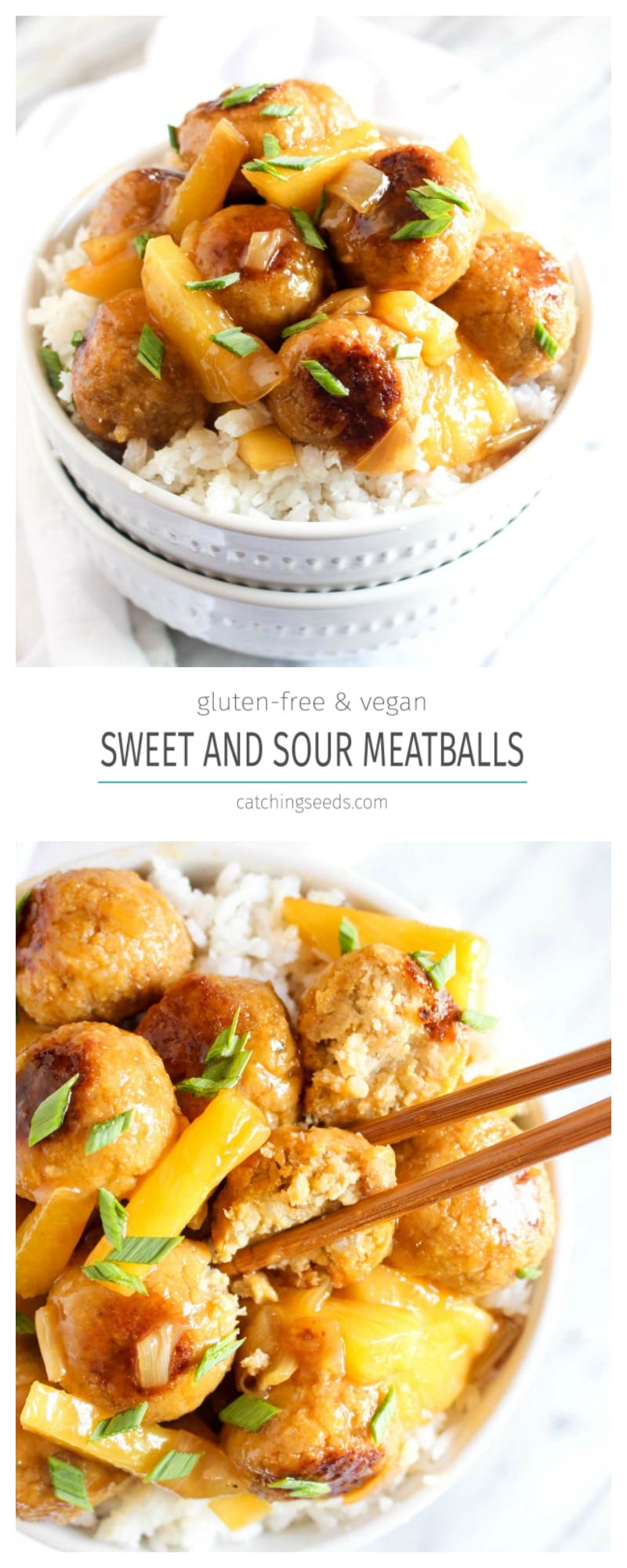 These Sweet and Sour Tempeh Meatballs are served on a bed of fragrant coconut rice and coated in a deliciously sticky sauce. This healthy vegan and gluten free dish is jam packed with flavor.  | CatchingSeeds.com