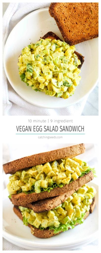  This Vegan Egg Salad Sandwich is an easy 9 ingredient recipe that can be made in 10 minutes! These cool and creamy sandwiches are made healthier with a few simple swaps. | CatchingSeeds.com