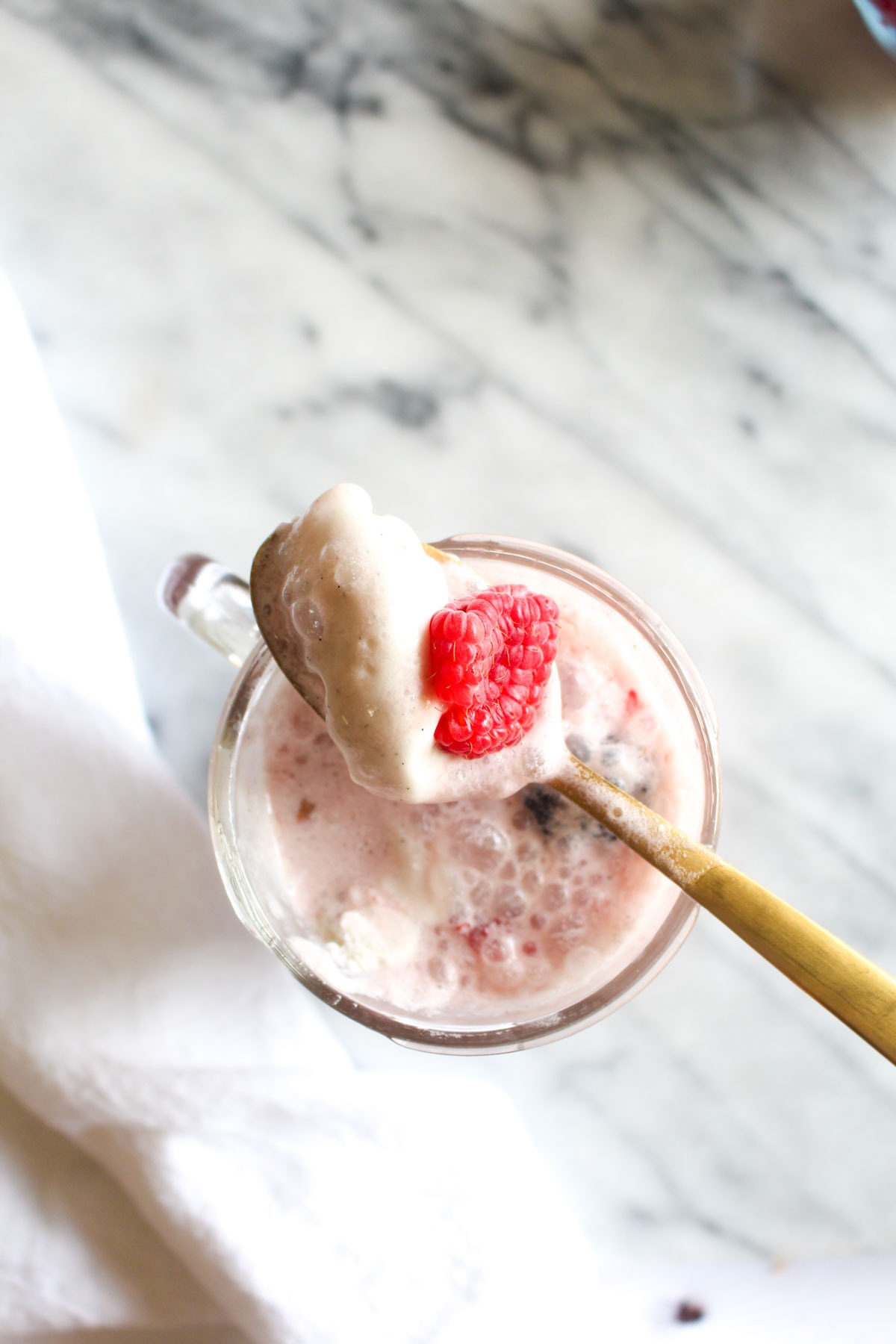 This Kombucha Float with Summer Berries is a 3 ingredient summertime dessert. Probiotic kombucha gets poured over coconut ice cream and fresh berries for an easy dairy free recipe. | CatchingSeeds.com