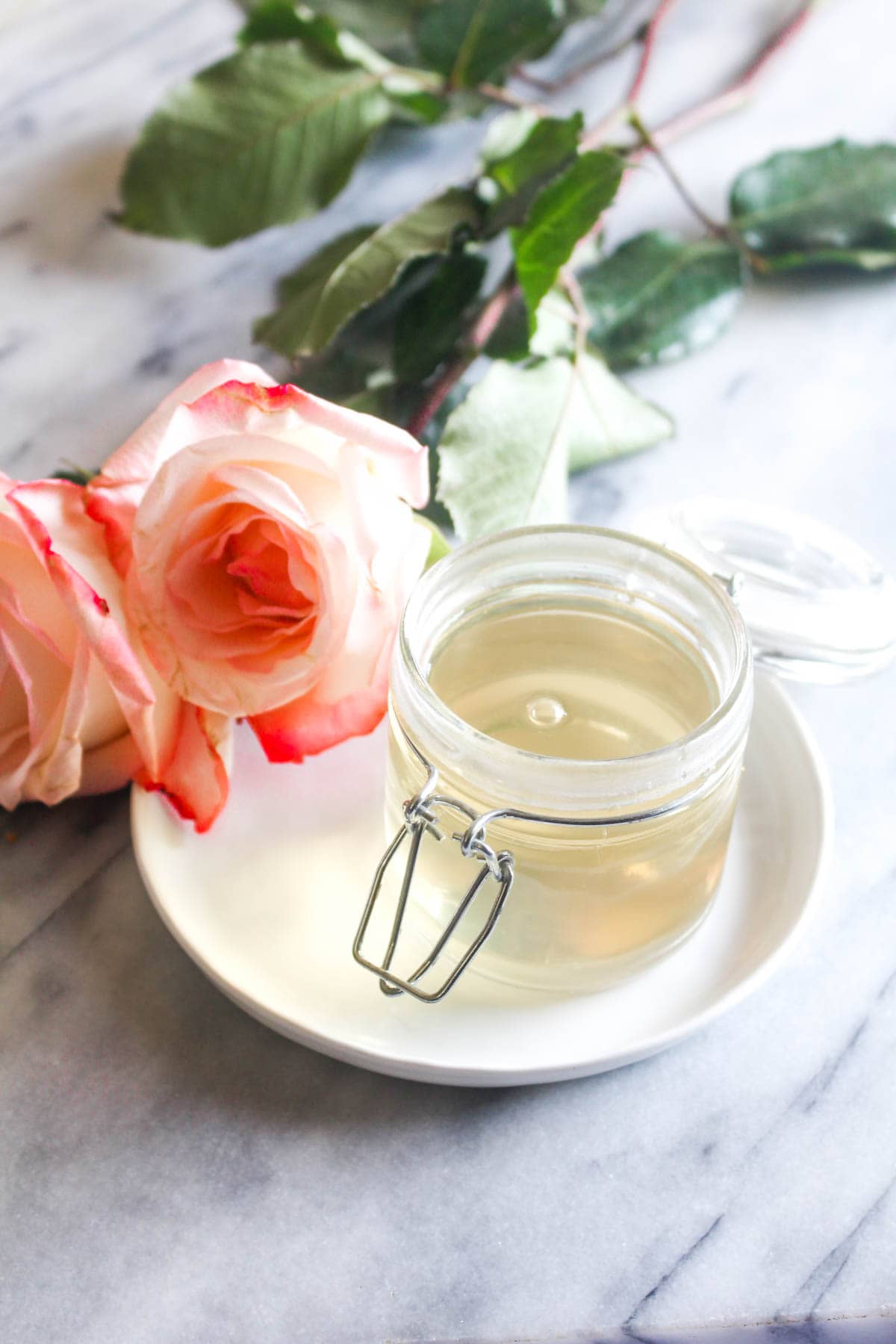 This easy recipe for homemade rosewater uses just 2 ingredients and takes 20 minutes! Use this rosewater toner as a facial mist to reduce redness, acne, and unclog pores. | CatchingSeeds.com