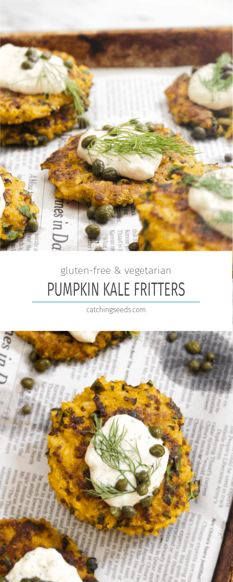 These Vegetarian Pumpkin Kale Fritters are an 8 ingredient recipe with extra crispy golden exteriors and creamy and warm interiors. The perfect side dish for any meal! | Catchingseeds.com