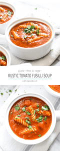 Rustic Tomato Fusilli Soup is a simple dinner recipe that uses pantry items to make a gourmet one pot meal! This healthy recipe is gluten and dairy free. | CatchingSeeds.com