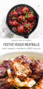 Gluten free and vegan festive veggie meatballs with sweet cranberry BBQ sauce!