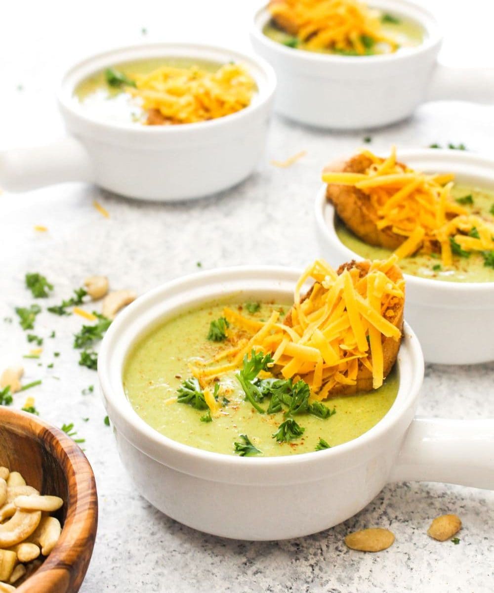 Detox Broccoli Cheese Soup with Vegan Cheddar Toasts is a one pot recipe! This light dinner is dairy-free, gluten-free, and uses just a few simple swaps to keep in all the flavor, while making this soup a truly healthy meal. | CatchingSeeds.com