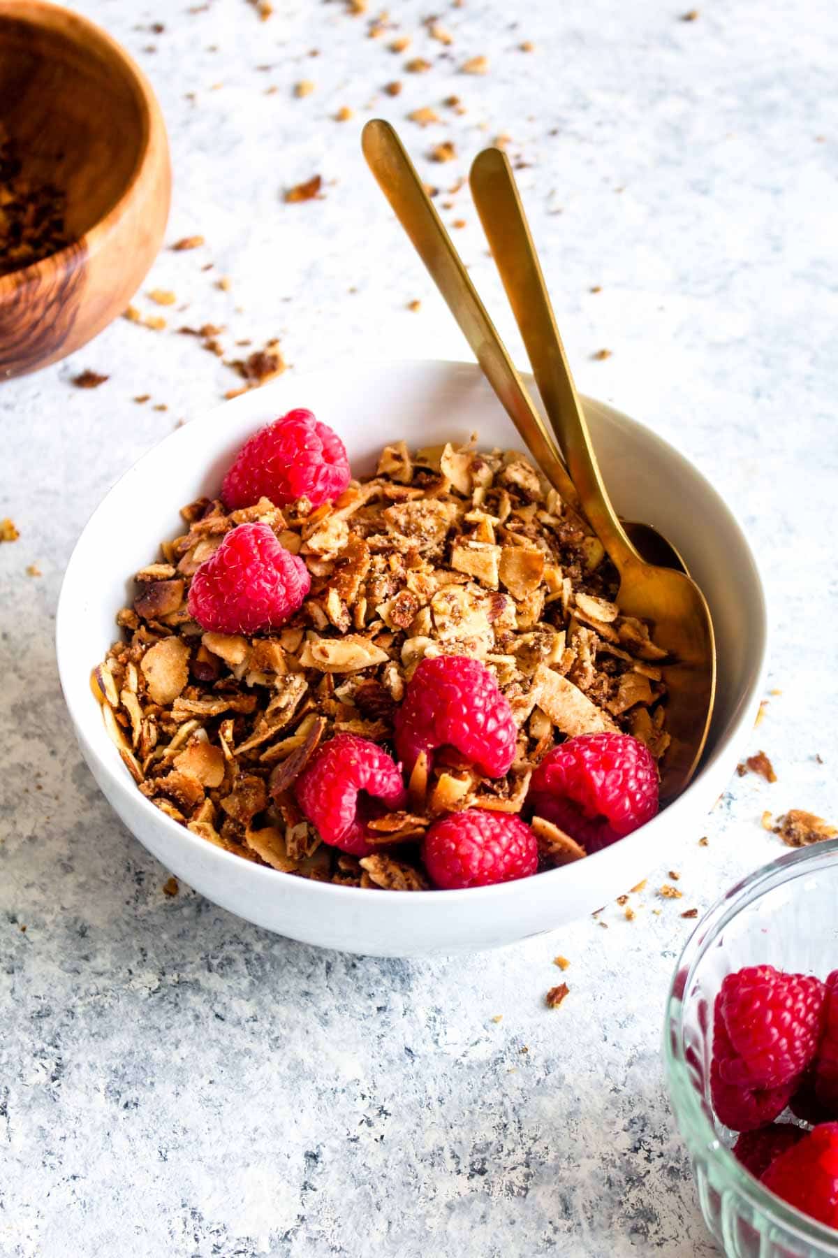 Paleo Coconut Almond Granola is a 20 minute breakfast recipe that is so good, it will make you into a morning person! 8 healthy ingredients are all you need for this easy, grain-free, and vegan recipe. Use it to top yogurt and smoothies at brunch, or eat it as a cereal. | CatcingSeeds.com