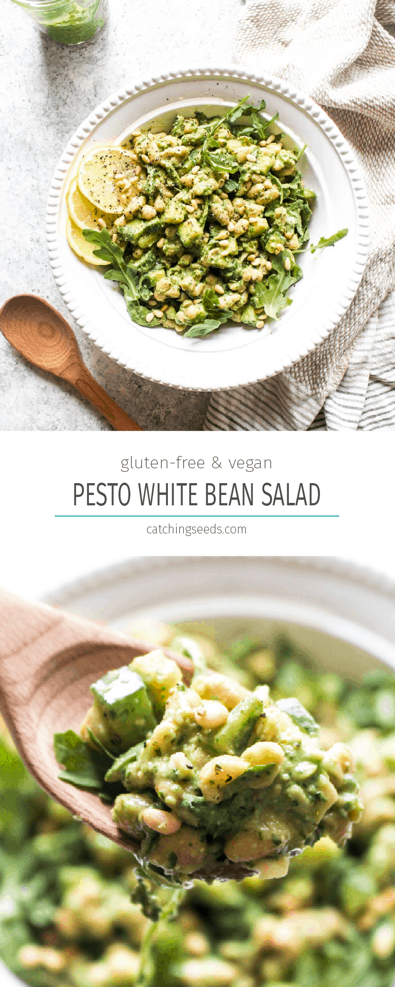 This no-cook summer Pesto White Bean Salad is bursting with bright basil pesto, crunchy cucumbers, creamy beans, and peppery arugula. Perfect for hot summer nights, this gluten free and vegan dish gets even more flavorful as it sits, making it the perfect healthy picnic and potluck dish. | CatchingSeeds.com