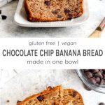 A slice and a load of gluten free vegan chocolate chip banana bread on a grey background.