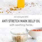 A pump bottle filled with DIY Anti Stretch Mark Belly Oil.