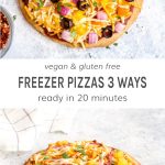 Two gluten free vegan freezer pizzas with sauce, cheese, and toppings.