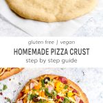 A baked gluten free pizza crust on a piece of parchment paper.