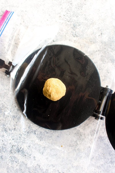 A ball of gluten free corn tortilla dough on a tortilla press.