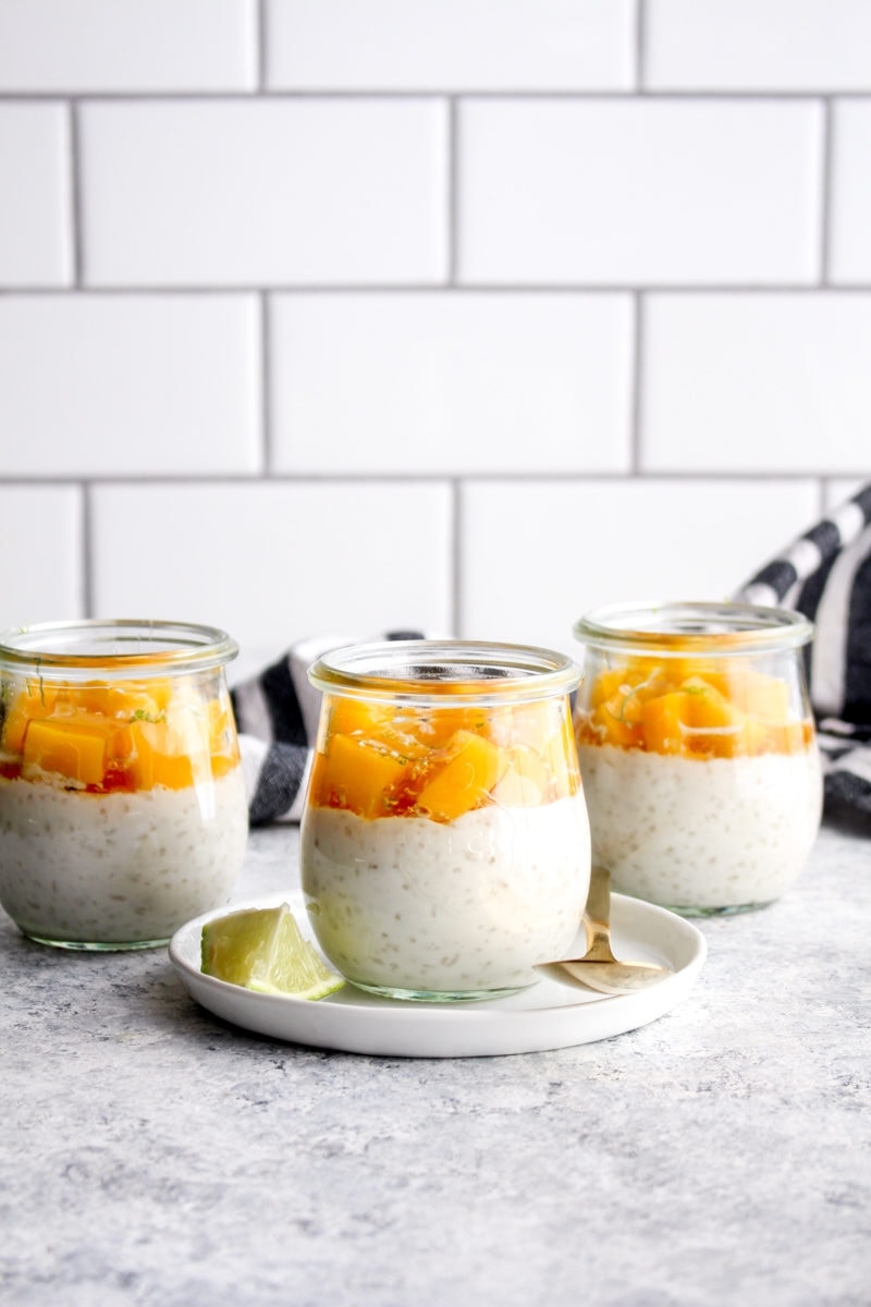Coconut tapioca pudding topped with fresh mango.