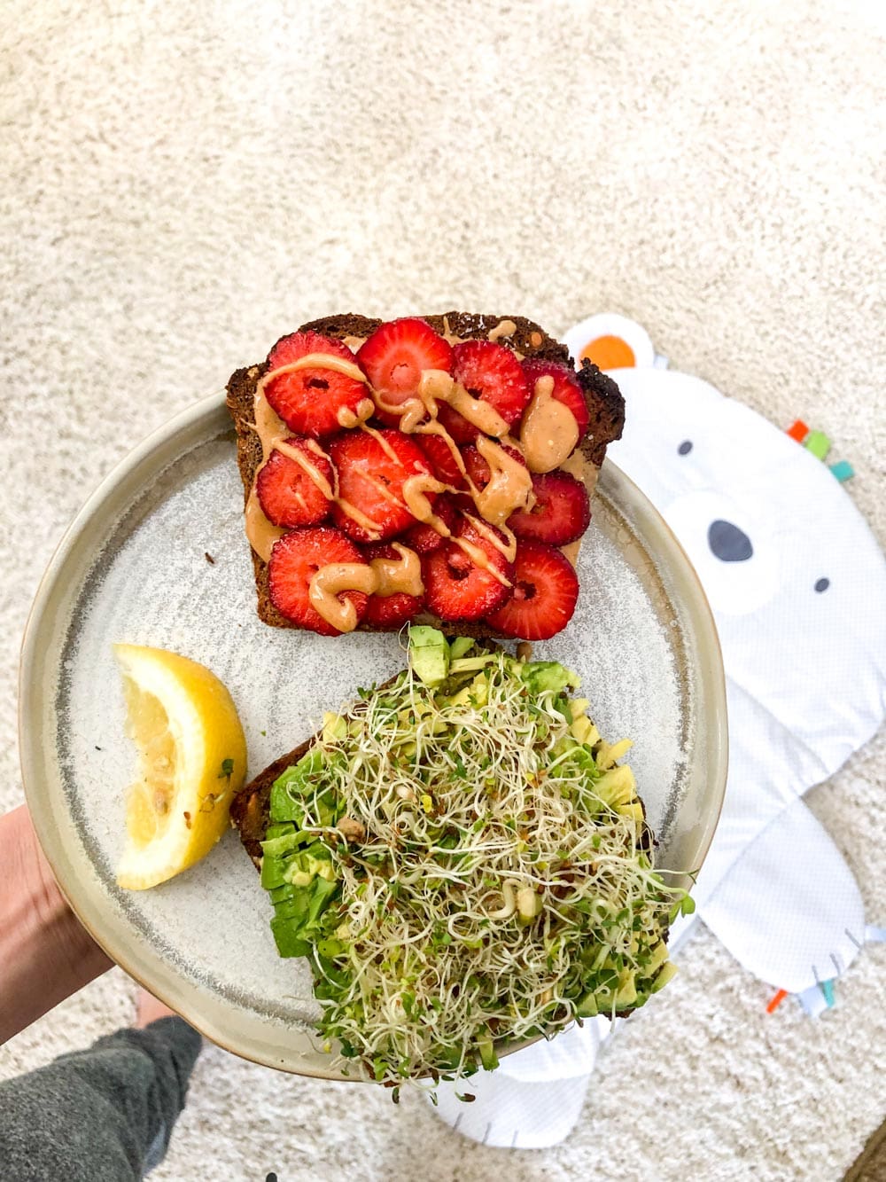 Peanut butter strawberry toast and avocado sprout toast