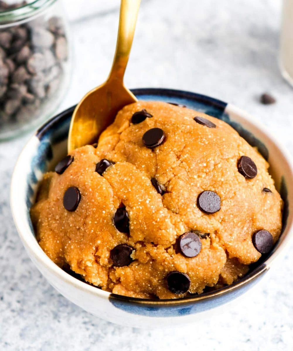 A bowl of edible grain free chocolate chip cookie dough.