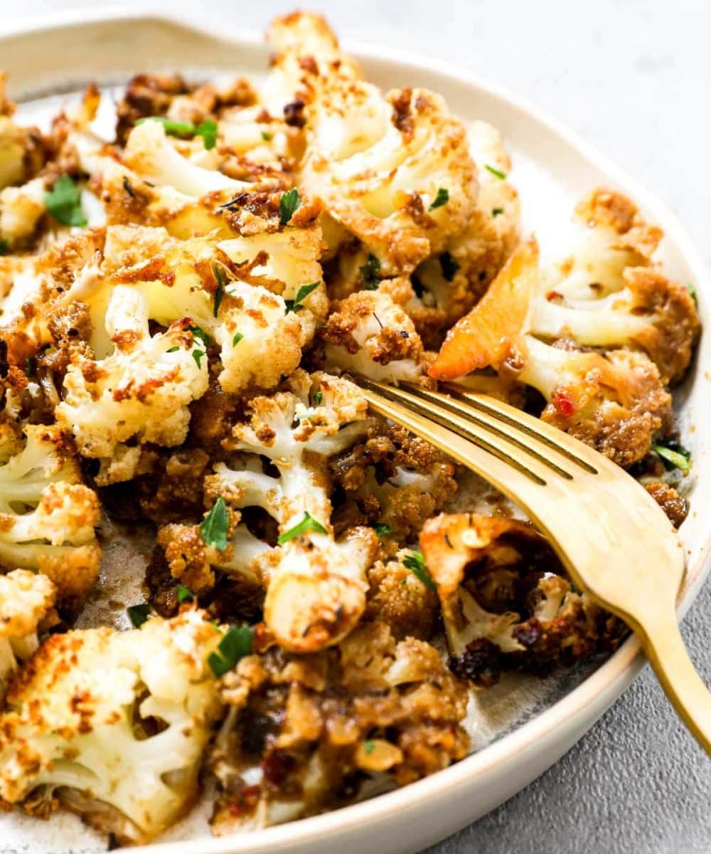 A closeup of perfect roast cauliflower.