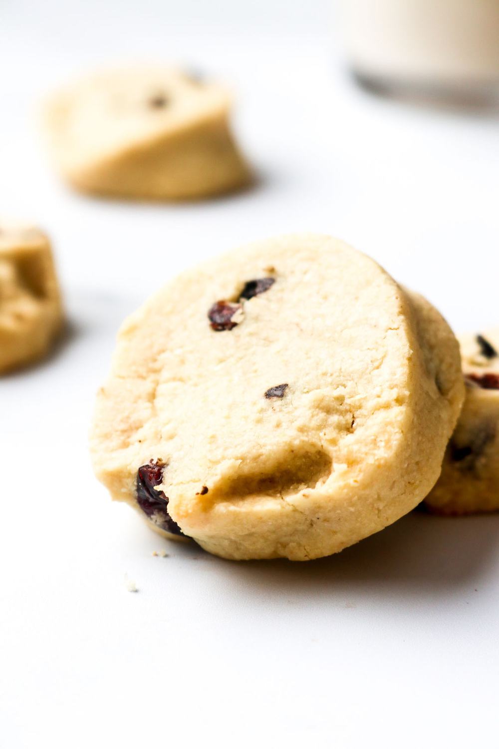 Two chocolate chip cranberry shortbread cookies.
