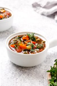 Two bowls of easy Italian balsamic vegetable soup with squash.
