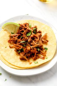 Beer Braised Jackfruit Tacos with crispy barbecue edges.