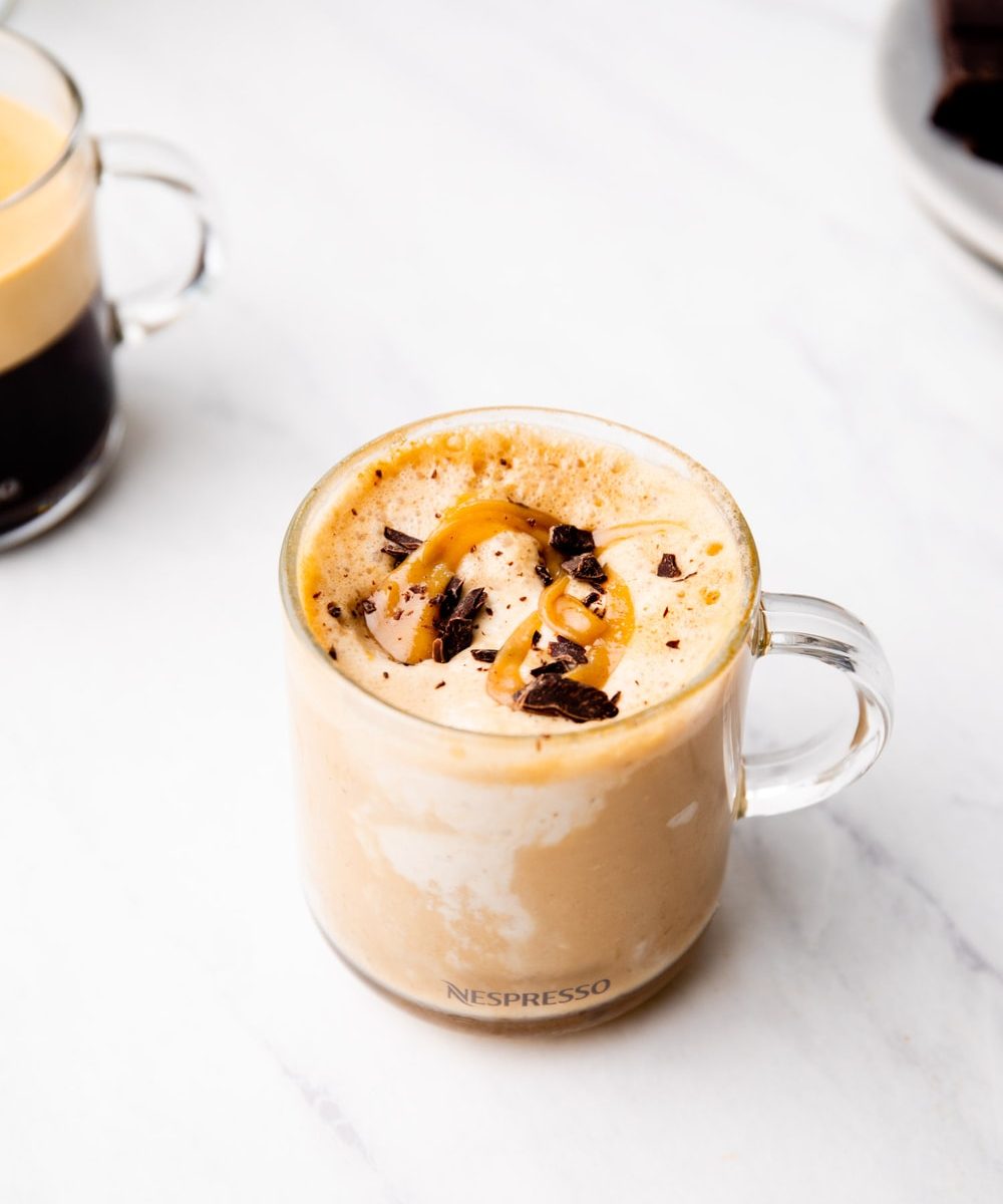 Vegan Affogato in a glass with peanut butter caramel and dark chocolate.