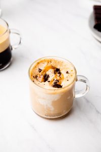 Vegan Affogato in a glass with peanut butter caramel and dark chocolate.