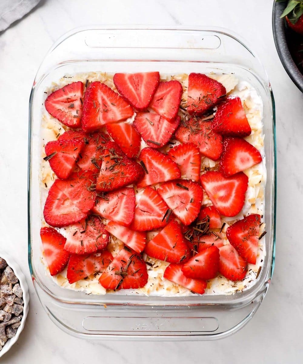 Dessert Seven Layer Dip in a serving dish.
