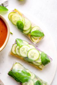 Vegan Summer Rolls with mint and cucumber.