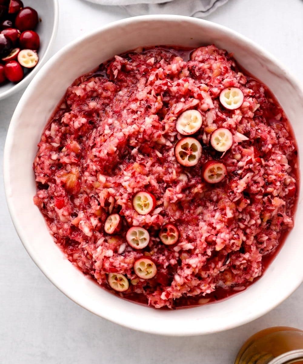A bowl of Cranberry Pineapple Relish.