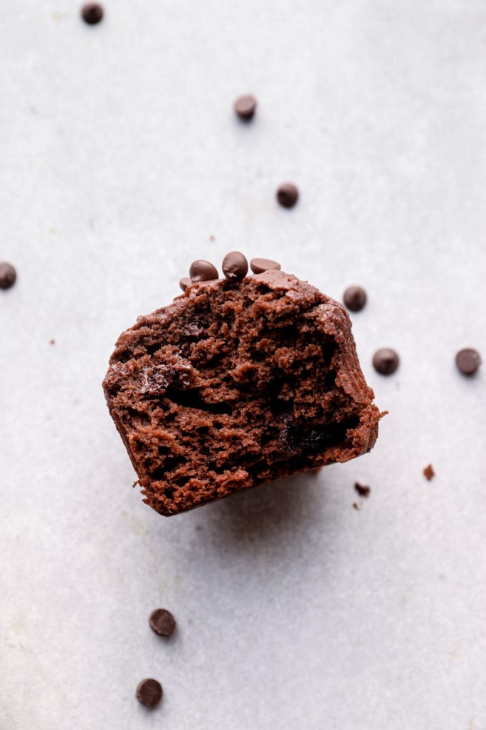 A bite out of a sweet potato chocolate muffin.