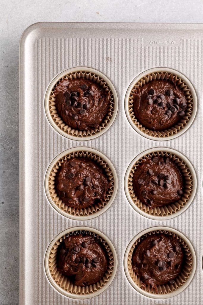 Chocolate Sweet Potato muffin batter in a pan.