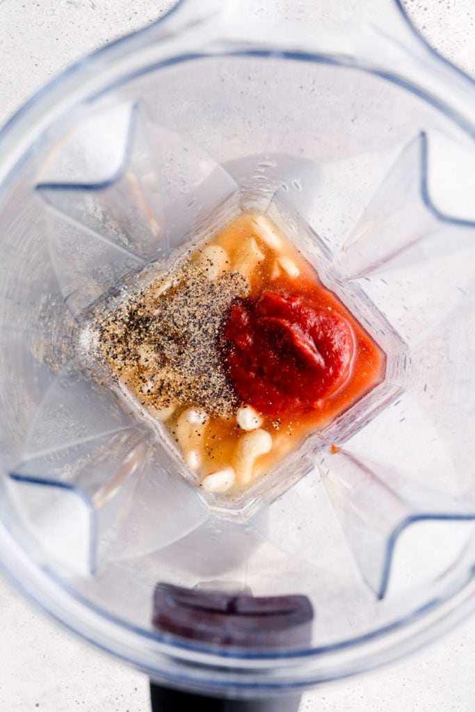 Cashews, water, vinegar, ketchup, salt and pepper in a blender.
