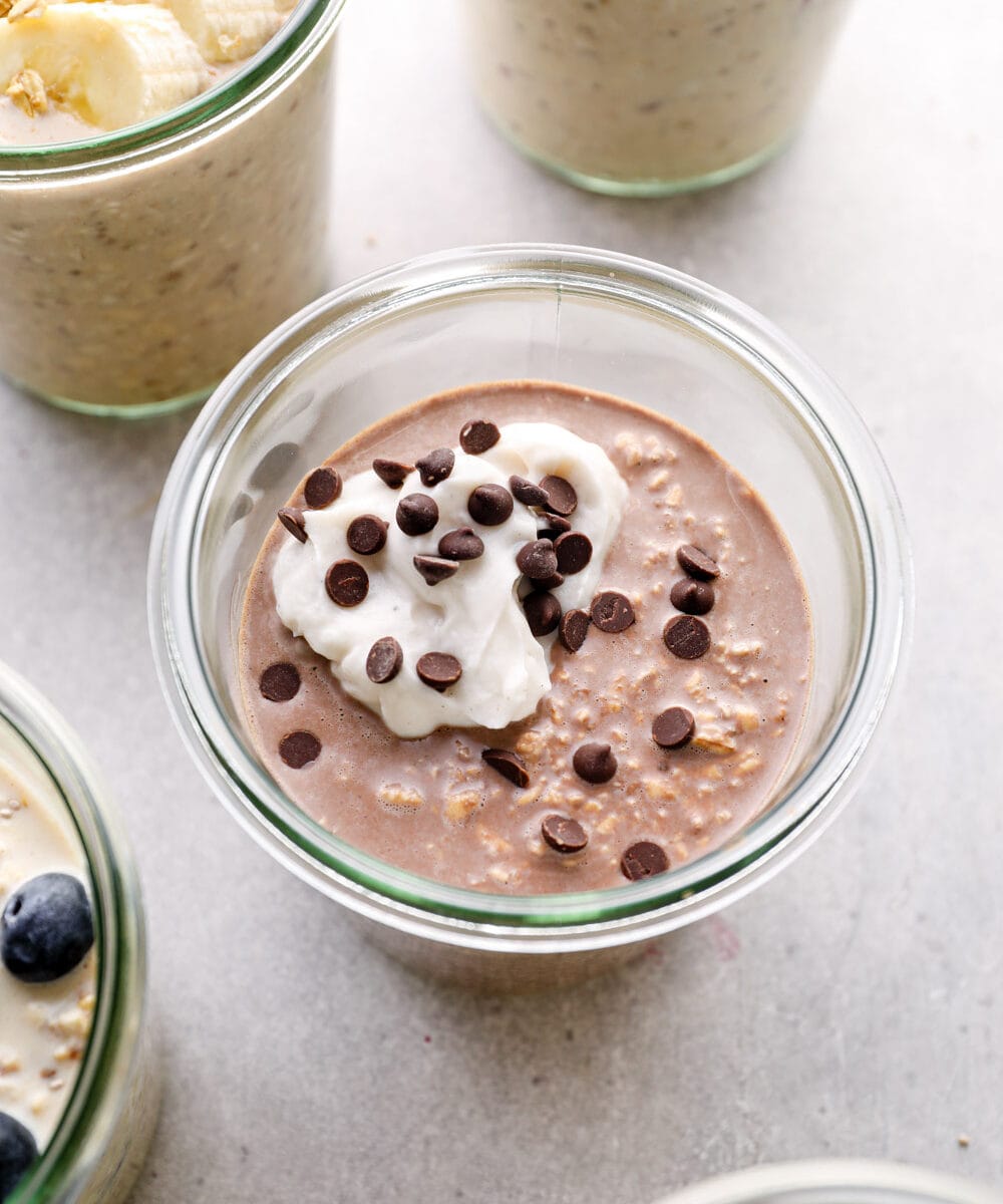 Chocolate overnight oats with chocolate chips.