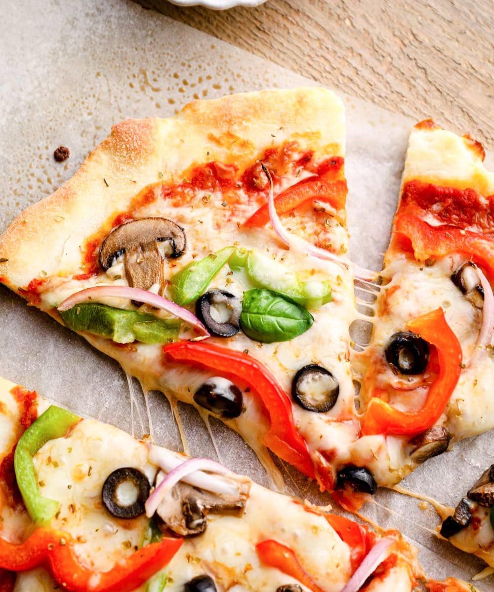 Sliced vegetarian supreme pizza.