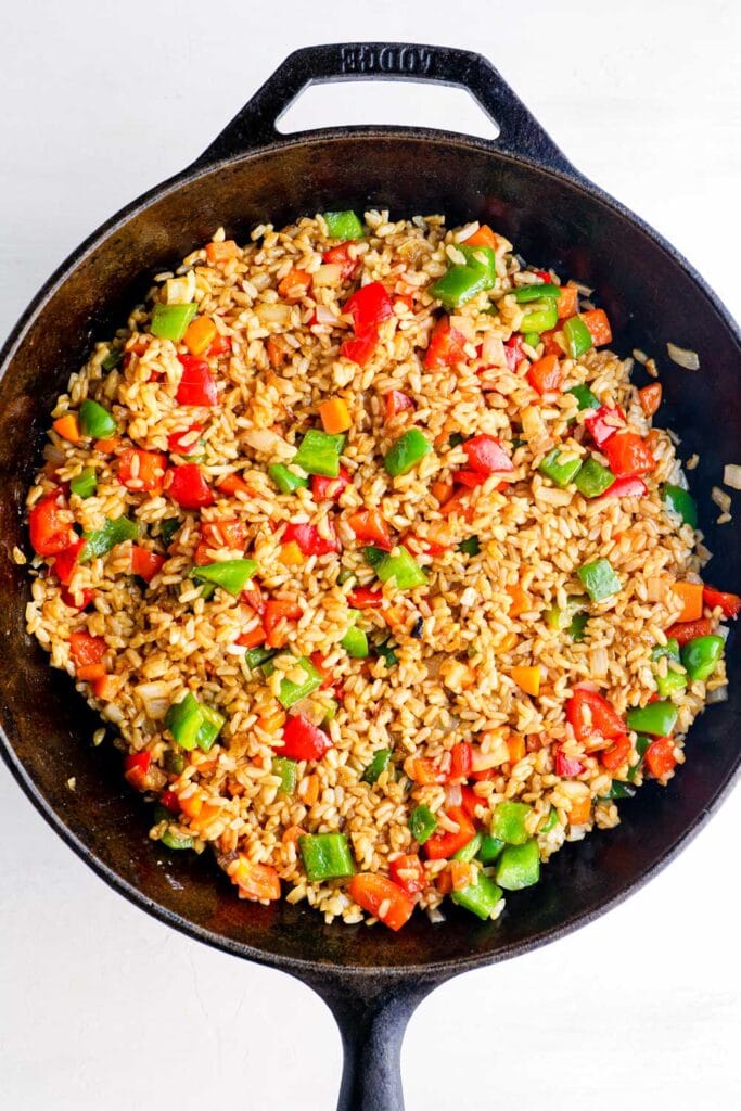 Thai Basil Fried Rice in a cast iron skillet.