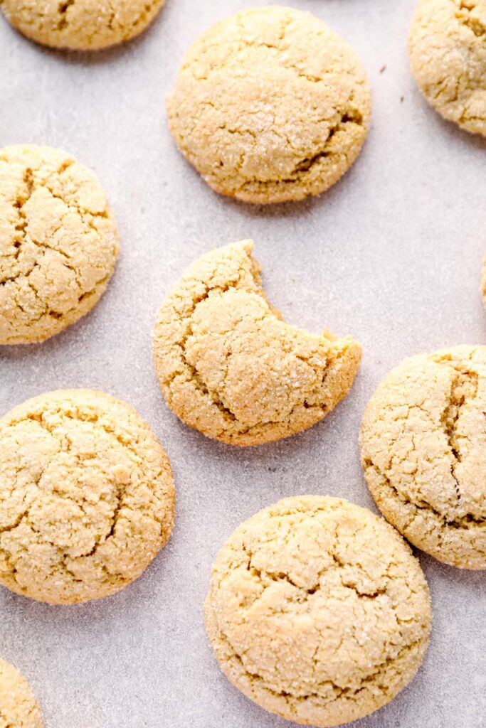 A bite out of an almond flour cookie.