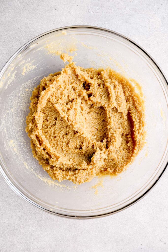 Cookie dough in a glass bowl.