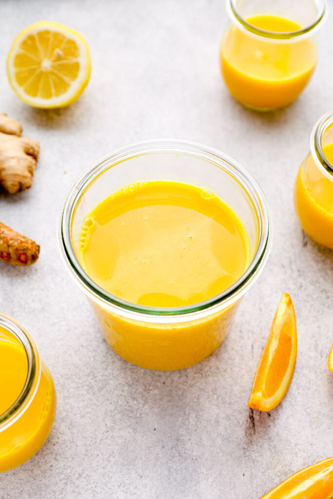 A jar of juiced ginger turmeric shots.